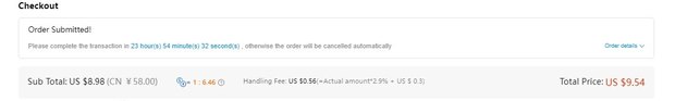The KameyMall checkout fee strip, 2023 tutorial: sub total, the exchange rate used on the day, and a handling fee written out as a formula.
