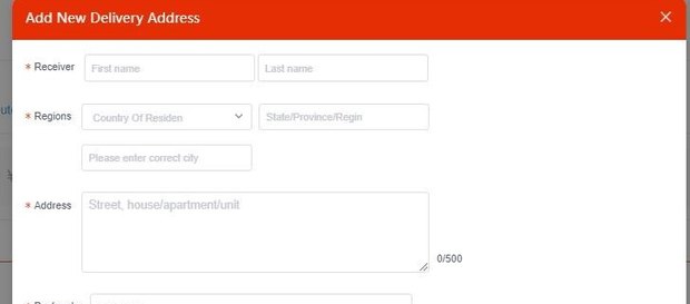 The Add New Delivery Address form on KameyMall, 2023 tutorial: receiver, region, address and post code fields, all of them yours to fill in.