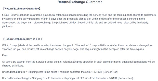 The KameyMall Return and Exchange Guarantee page on the live site, opened at the five day window and what it is counted from.