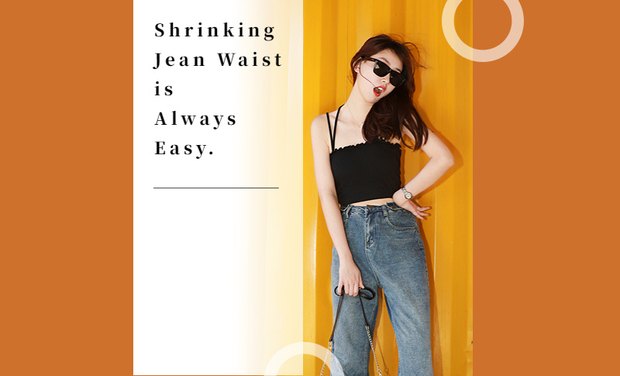 KameyMall's own editorial image for its womenswear guides, reading Shrinking Jean Waist is Always Easy beside a photograph of the jeans it is written about.