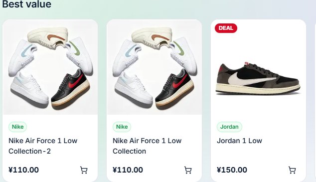Three product cards under a Best value heading on a sneakers category page. Each card carries one photo, a brand tag, a product name, a price in yuan and a cart button, and nothing else; the third card also has a red DEAL flag.