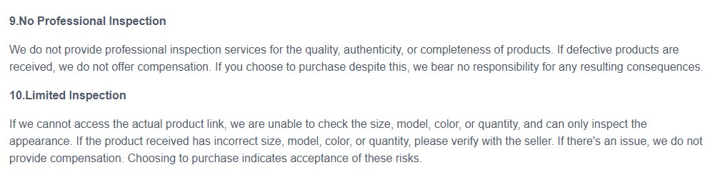 Clauses nine and ten of the KameyMall Disclaimers of Shopping Agent page on the live site. Nine is headed No Professional Inspection and says no professional inspection service is provided for the quality, authenticity or completeness of products, that no compensation is offered if defective products are received, and that choosing to purchase anyway carries no responsibility for the consequences. Ten is headed Limited Inspection and says that when the actual product link cannot be accessed the size, model, colour and quantity cannot be checked and only the appearance can be inspected, that an incorrect size, model, colour or quantity has to be verified with the seller, and that choosing to purchase indicates acceptance of these risks.