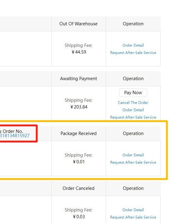 The status and operation columns on KameyMall My Package, 2023 tutorial: Out Of Warehouse, Awaiting Payment, Package Received and Order Canceled, each row offering Order Detail and Request After-Sale Service.