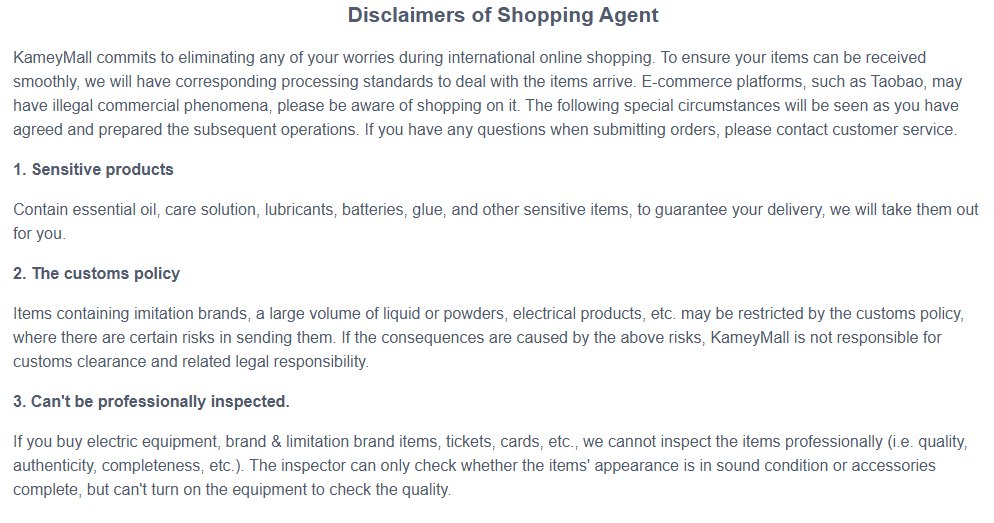 The KameyMall Disclaimers of Shopping Agent page on the live site, numbered point one for sensitive products and point two for customs policy.