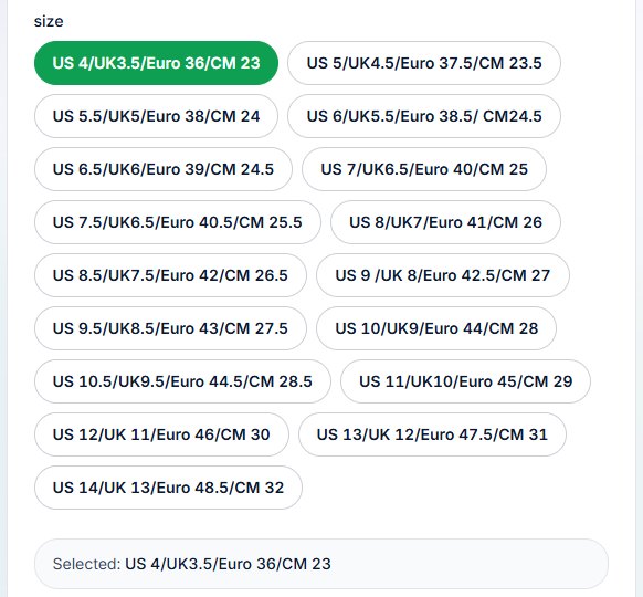 The size list on a product page: twenty three options, each one written as a US, UK, Euro and centimetre set, with the selected size repeated underneath.