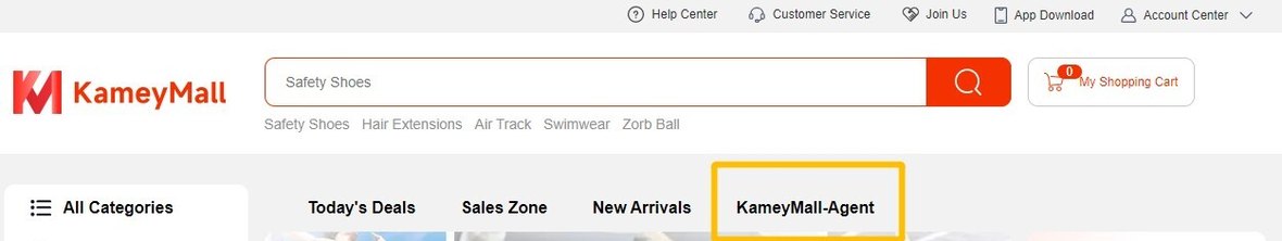 The KameyMall home page top bar, 2023 tutorial, with the KameyMall-Agent entry sitting beside Today's Deals, Sales Zone and New Arrivals.