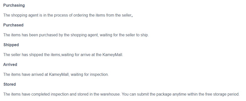 Five entries from the KameyMall Order Status page on the live site, each a bold status name over one sentence. Purchasing says the shopping agent is in the process of ordering the items from the seller. Purchased says the items have been purchased and the seller has yet to ship. Shipped says the seller has shipped them and they are awaiting arrival at KameyMall. Arrived says they have arrived and are waiting for inspection. Stored says they have completed inspection and been stored in the warehouse, and that the package can be submitted any time within the free storage period.