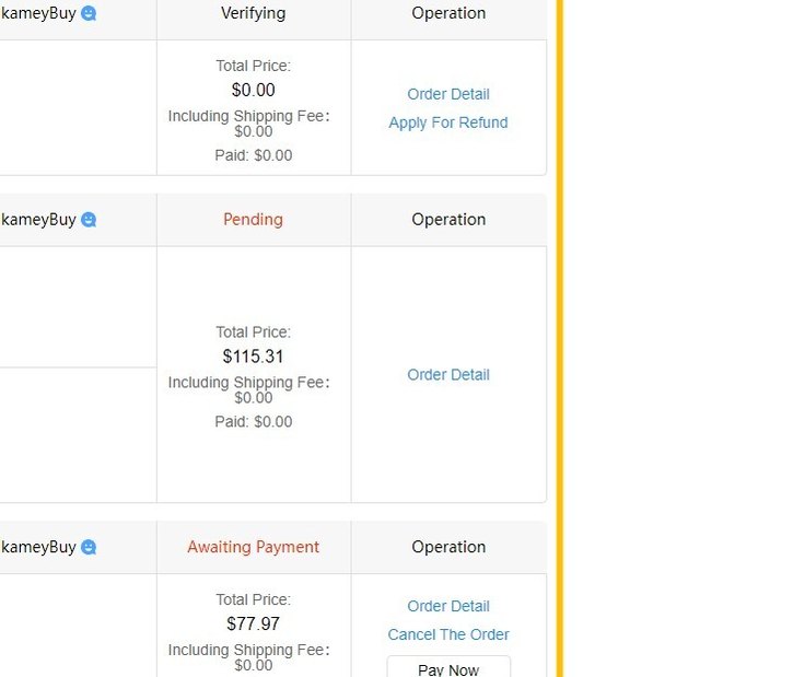 Three order rows on KameyMall My Orders, 2023 tutorial, each read from its status word rightwards: Verifying, Pending or Awaiting Payment, then Total Price, Including Shipping Fee and Paid as three separate numbers, then the actions that status allows. Verifying offers Order Detail and Apply For Refund, Pending offers Order Detail alone, and Awaiting Payment adds Cancel The Order and a Pay Now button.